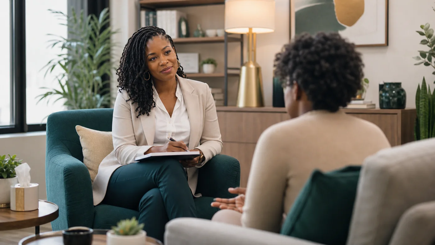 A clinician in a warm, modern therapy office speaking supportively with a client.